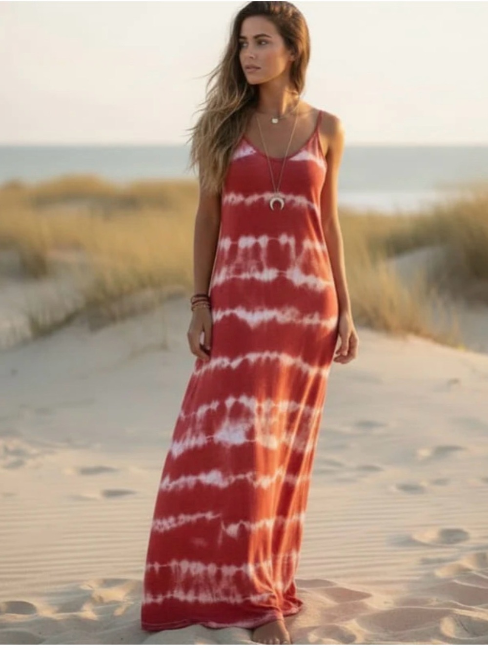 Orange Tie-Dye Boho Maxi Slip Dress with Spaghetti Straps